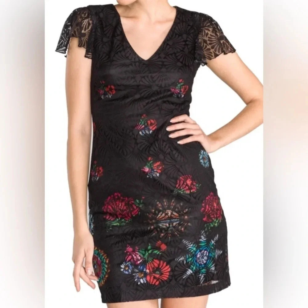 DESIGUAL mini dress silvana cap flutter sleeve lace black party floral cocktail